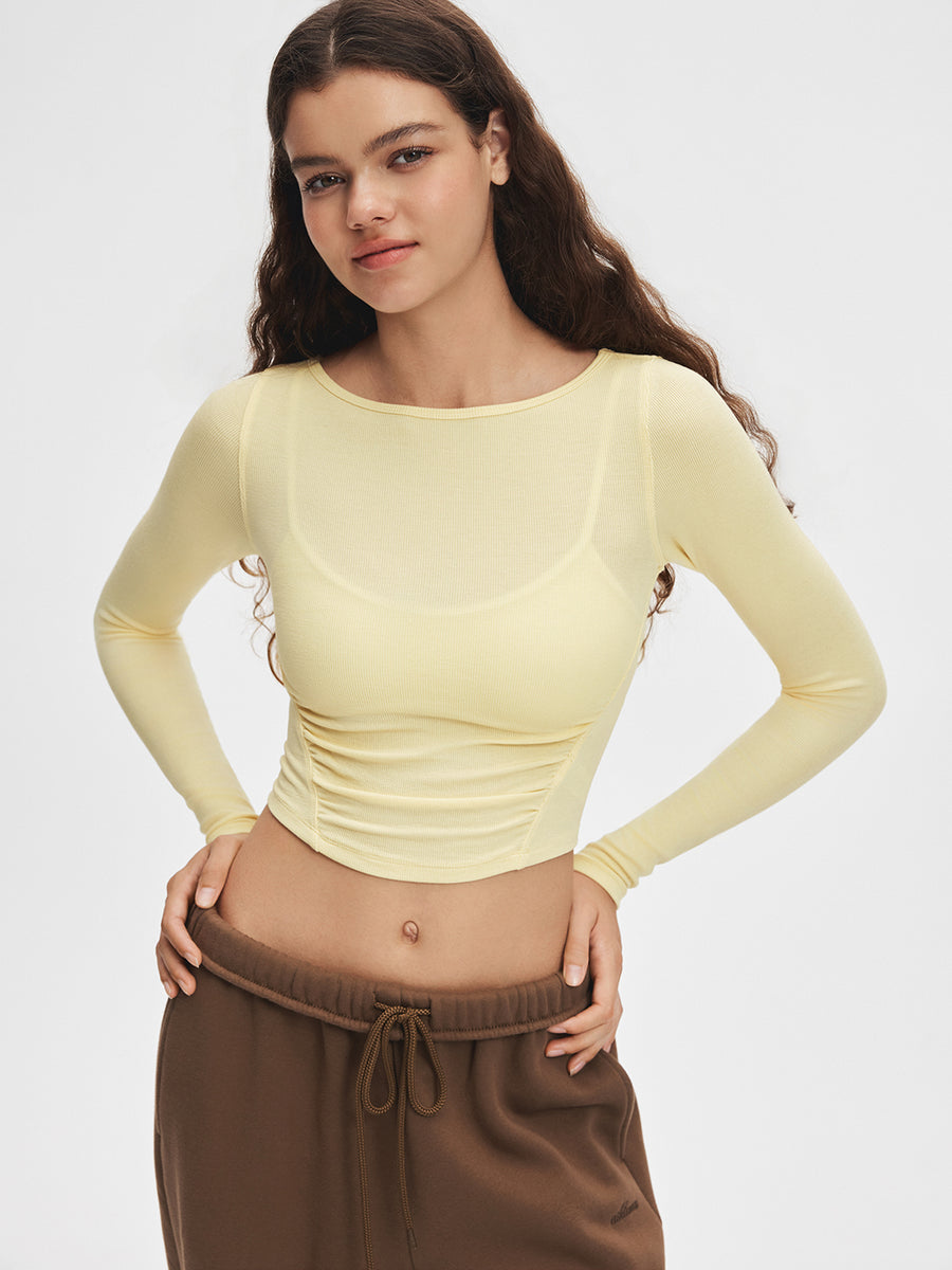 Boat Neck Ruched Long Sleeve